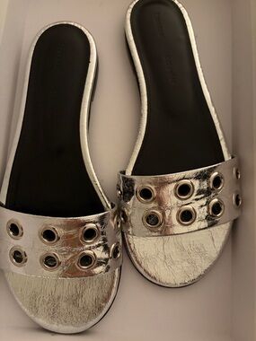 Proenza Schouler Silver Slide Sandals with Grommet Detail